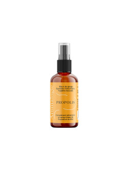 Spray buccal Aromalogie Propolis, conçu pour le confort de la gorge et l’hygiène buccale avec propolis et miel.